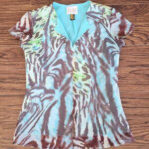 KHIMO Vintage Blue Zebra Print Multicolor 90s Split Neck Short Sleeve Y2K Sz 4